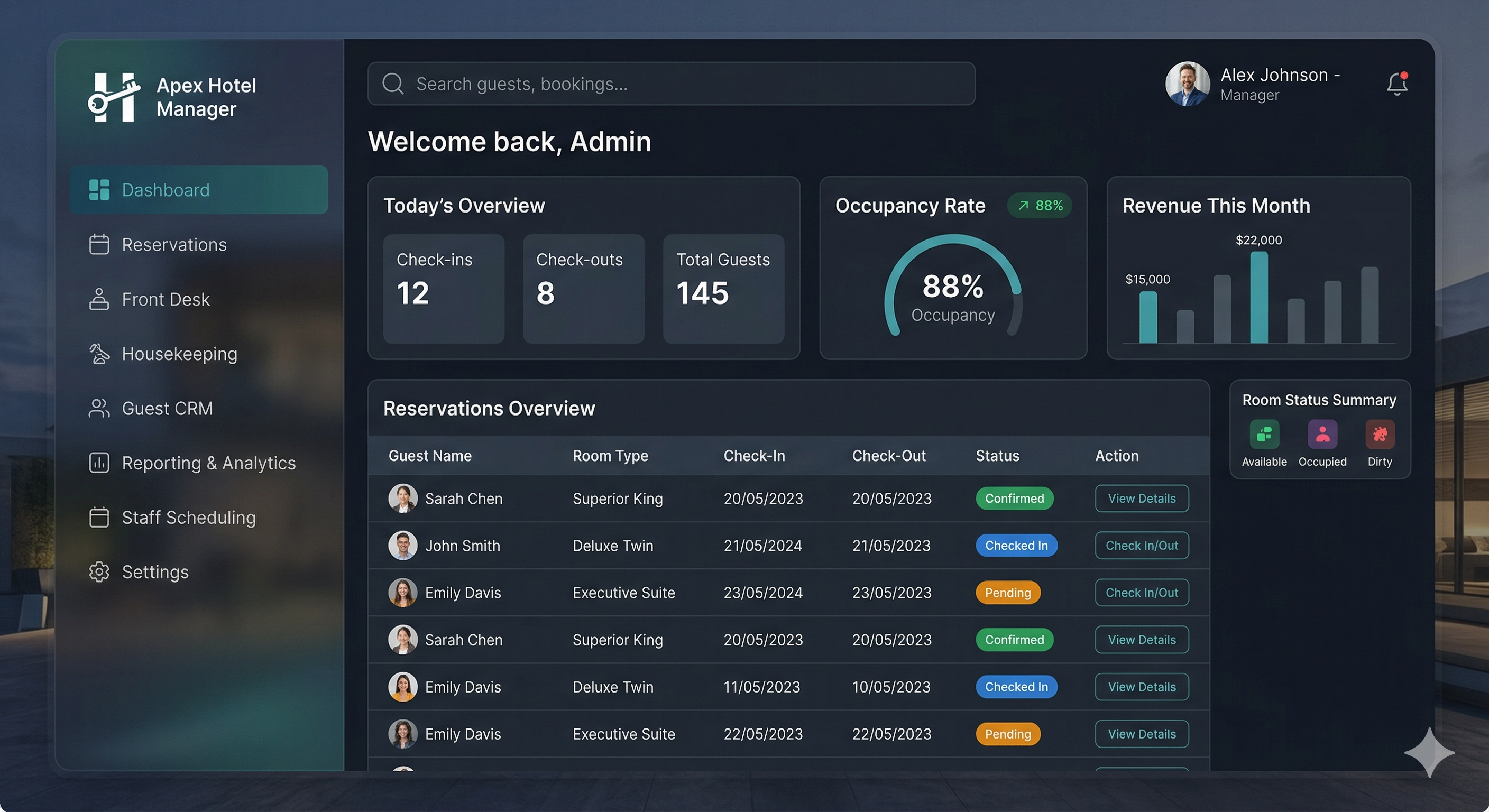 Preview image of a hotel management web application dashboard.