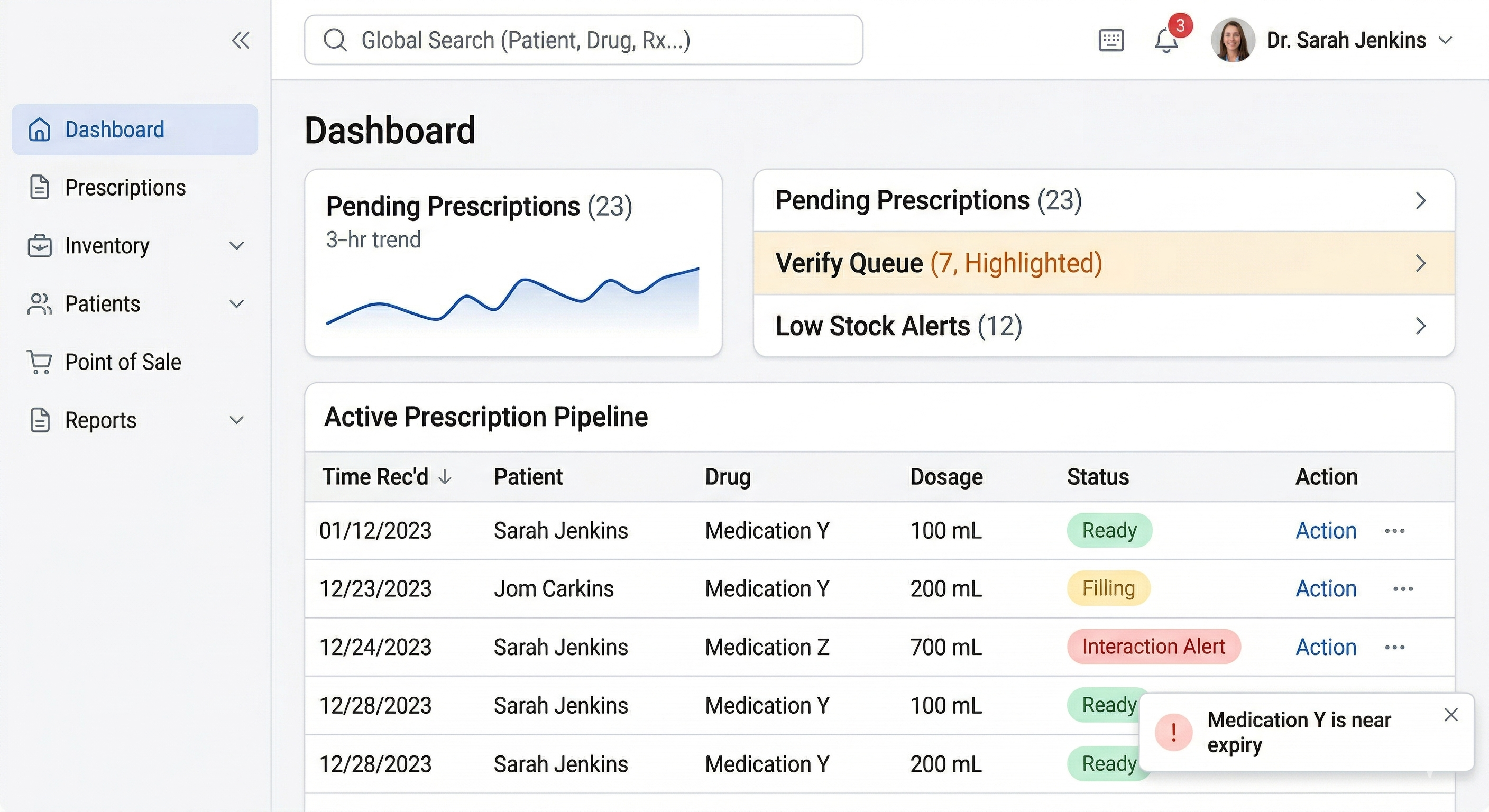 Preview image of a pharmacy management web application dashboard.
